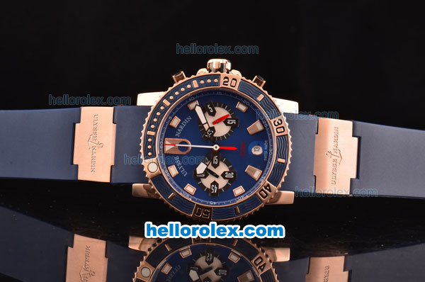 Ulysse Nardin Maxi Marine Diver Chrono OS20 Miyota Quartz Rose Gold Case with Blue Dial and Blue Rubber Strap - 7750 Coating - Click Image to Close